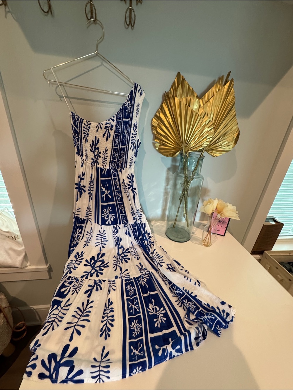 Blue and White One-Shoulder Maxi Dress with Coastal Print